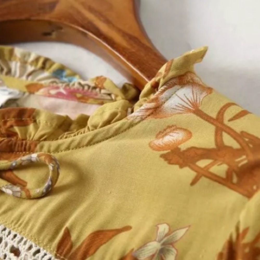 SOLD OUT Golden Floral Ruffle Fall Boho Long Sleeve Dress - Picture 13 of 14